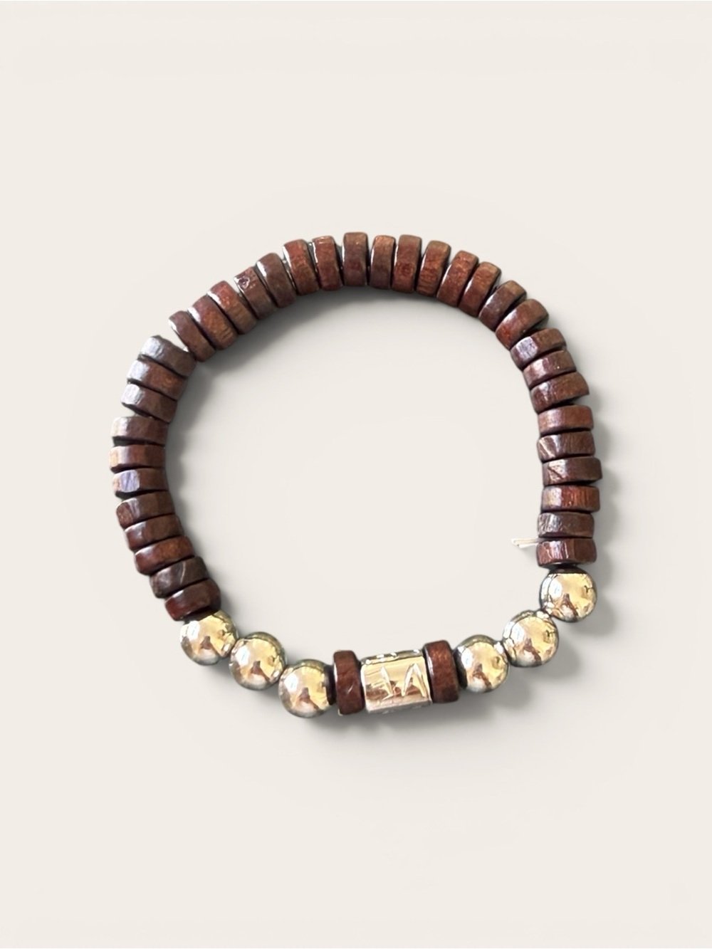 Brown Wood Bead and Gold Accent Stretch Bracelet - new